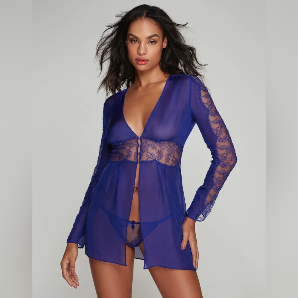 Agent Provocateur Sheer Lace Long Sleeve Babydoll in Royal Blue